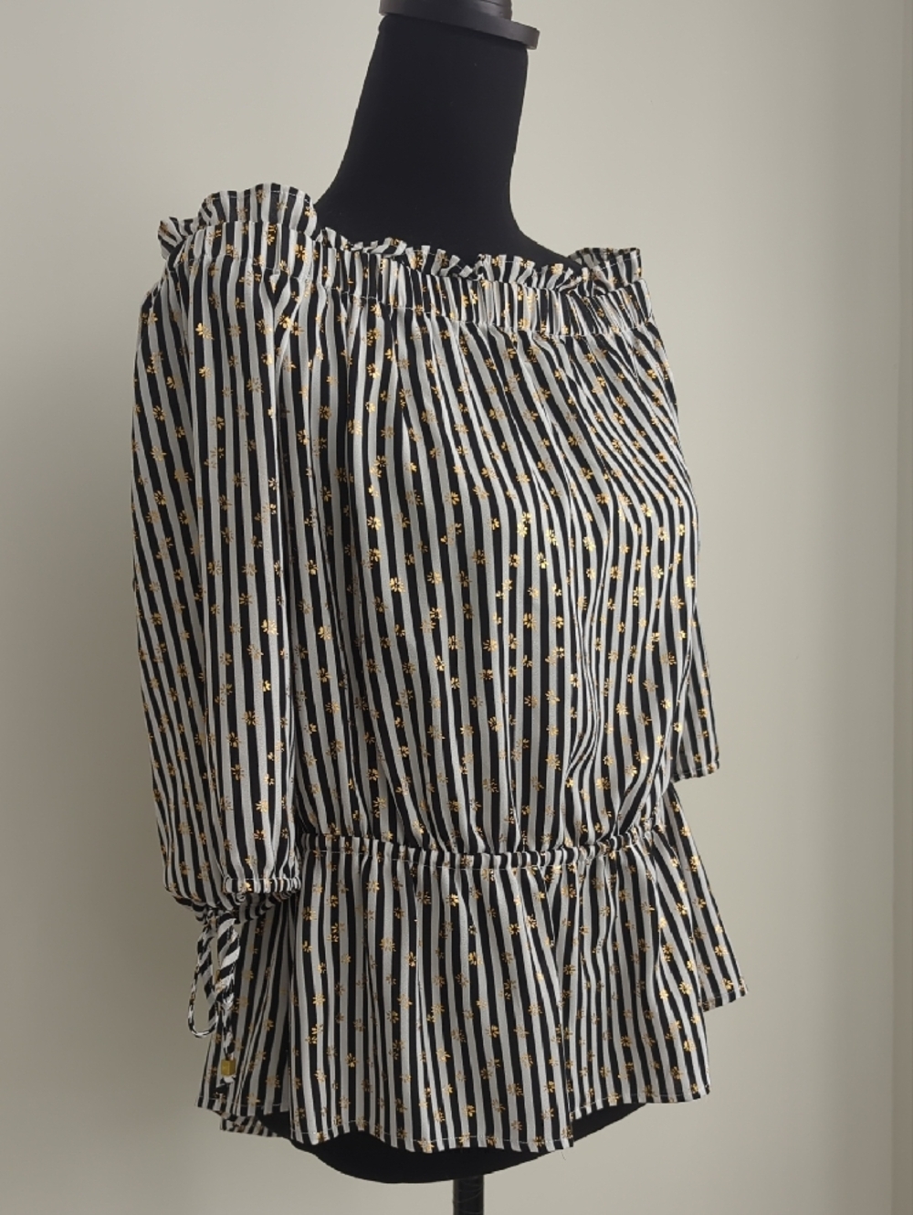 Michael Kors Metallic Stripe Off-The-Shoulder Peplum Blouse Top LARGE
